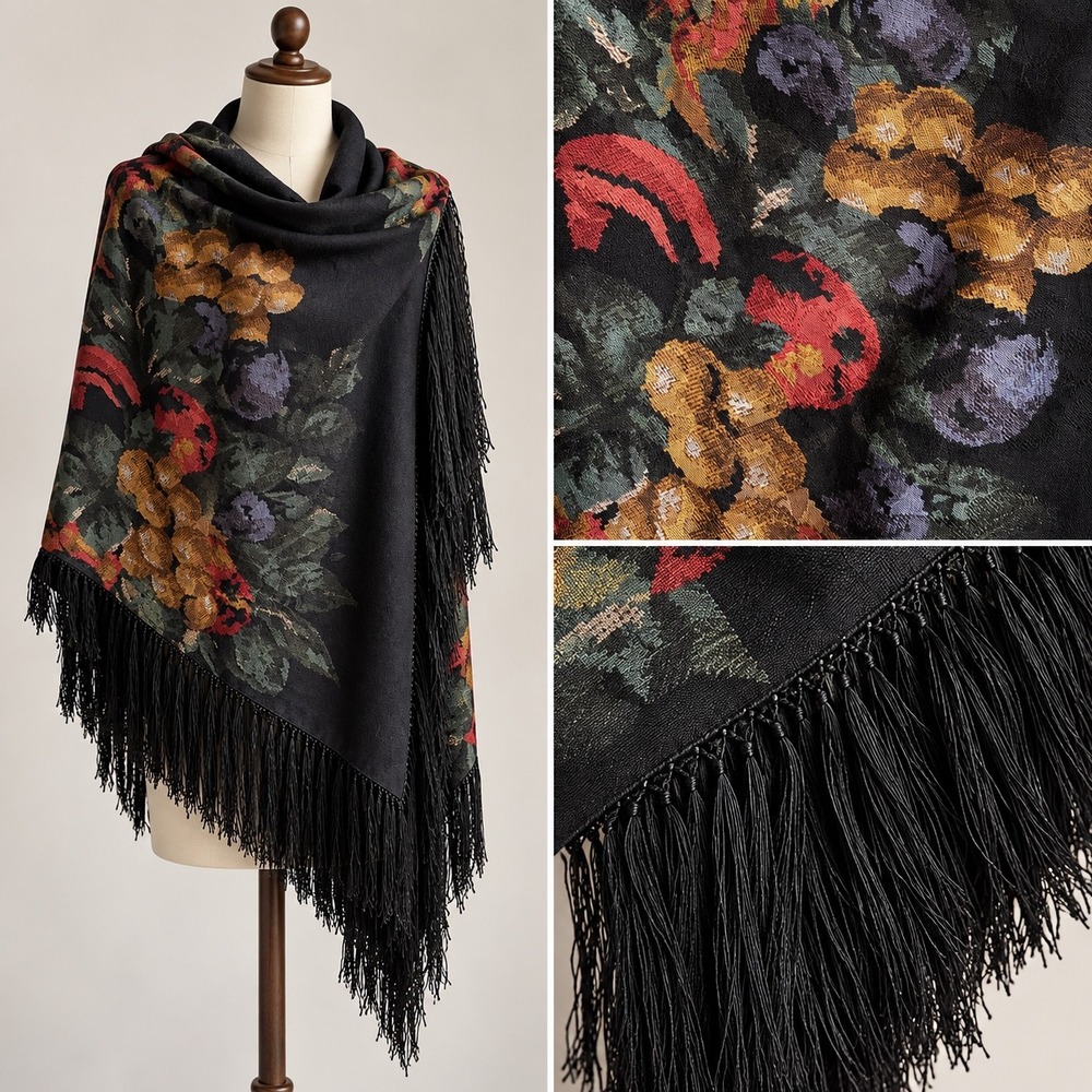 Saldarini Scarf Women OS Black Dark Romance Floral Wool Fringe Tapestry Shawl